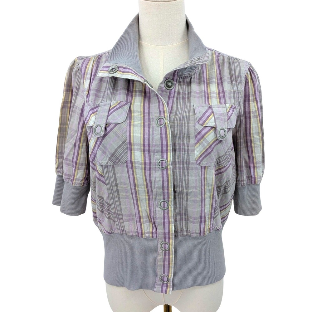 Y2K Plaid Cropped Jacket Ribbed Knit Trim Button Front Indie Retro XL‎